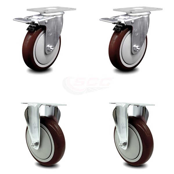 5 Inch Maroon Polyurethane Swivel Top Plate Caster Lock Brakes 2 Rigid SCC, 2PK